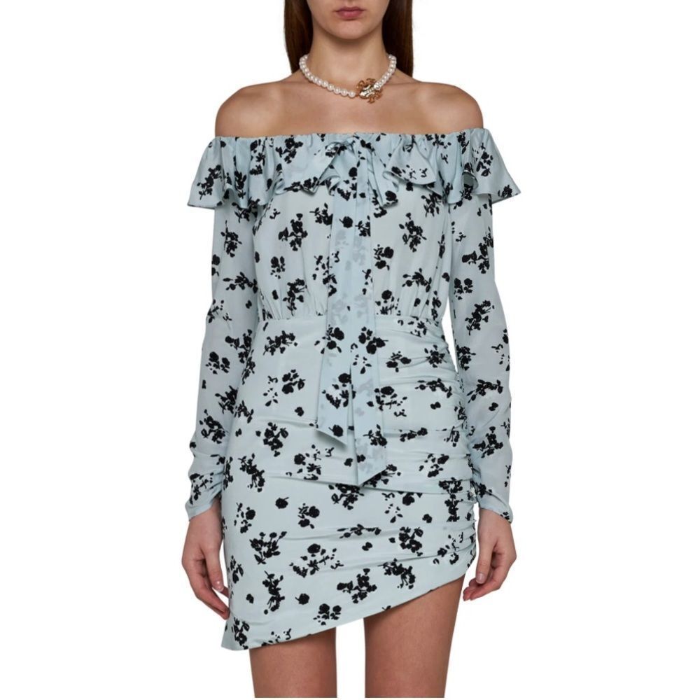 Alessandra Rich Off-The-Shoulder Rose Printed Silk Mini Dress